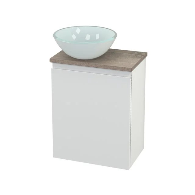 White bathroom unit with wooden worktop and round countertop wash basin; stylish design for a modern bathroom.