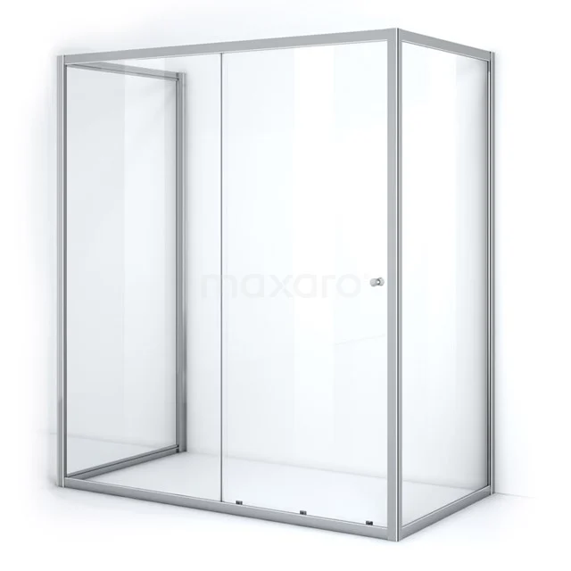Glass shower enclosure with silver frame, sliding door and modern design, perfect for a sleek and stylish bathroom.