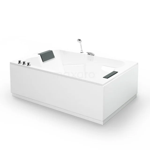 Weißes rechteckiges Badewanne mit schwarzer Kopfstütze und metallischem Wasserhahn, modernes Design ideal für luxuriöse Badezimmer Einrichtung.