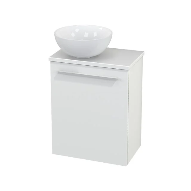 Weißes Badezimmermöbel mit keramischem Aufsatzwaschbecken, schlankes Design und Softclose-Schublade, ideal für moderne Badezimmergestaltung.