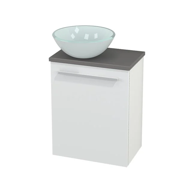 White bathroom unit with black top and round glass vanity units for countertop wash basin, modern design for stylish bathroom design.