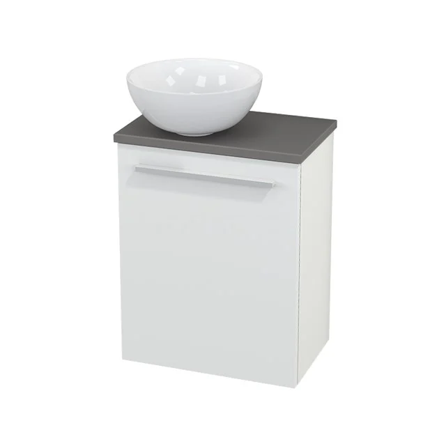 White bathroom cabinet with grey worktop and round white countertop wash basin, modern design and suitable for compact bathrooms.