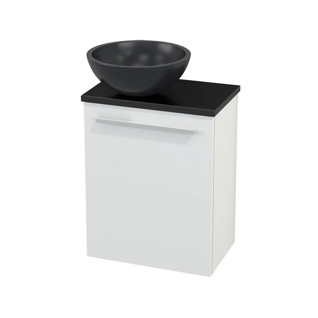 White bathroom unit with black top and round countertop wash basin, modern design, ideal for stylish bathroom design.