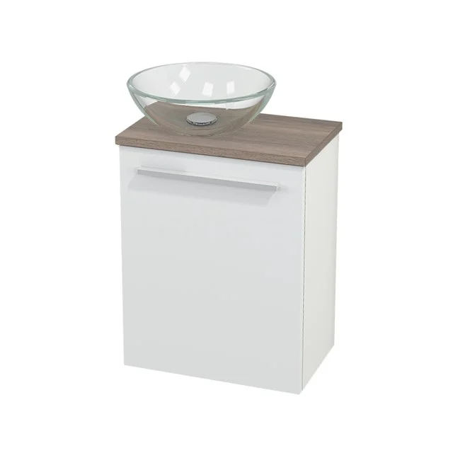 Toilet unit with Countertop wash basin Glass Modulo+ Pico Matte white 41cm BMC000134 White bathroom unit with wooden worktop and glass countertop wash basin, compact design, perfect for modern and small bathrooms.
