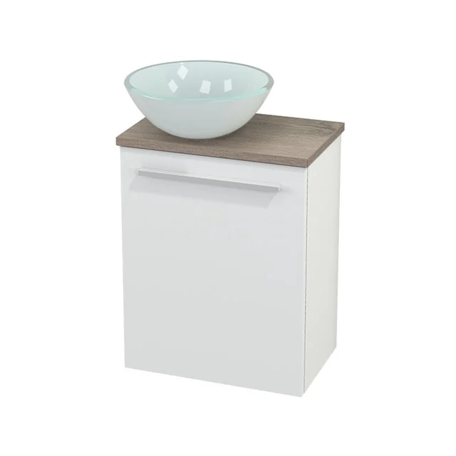 Toilet unit with Countertop wash basin Glass Modulo+ Pico Matte white 41cm BMC000135 White suspended bathroom unit with wooden worktop and glass countertop wash basin, modern design for compact bathrooms.