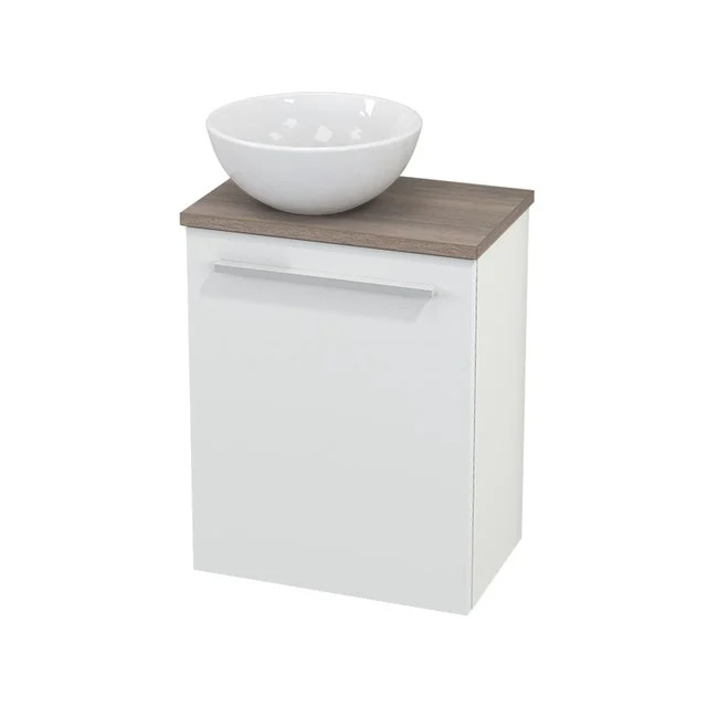 Toilet unit with Countertop wash basin Ceramic Modulo+ Pico Matte white 41cm BMC000136 White wooden Bathroom cabinet with a round ceramic countertop wash basin, modern design and a wood-coloured worktop for a stylish bathroom.