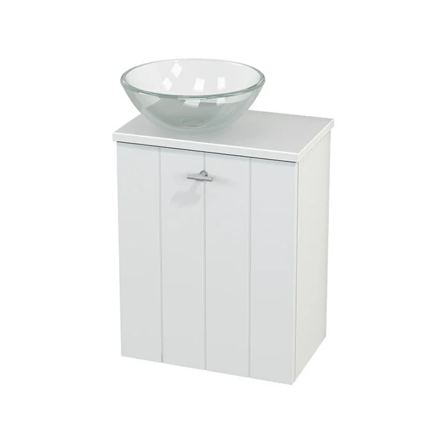 White bathroom cabinet with glass basin, compact design, ideal for modern bathrooms.