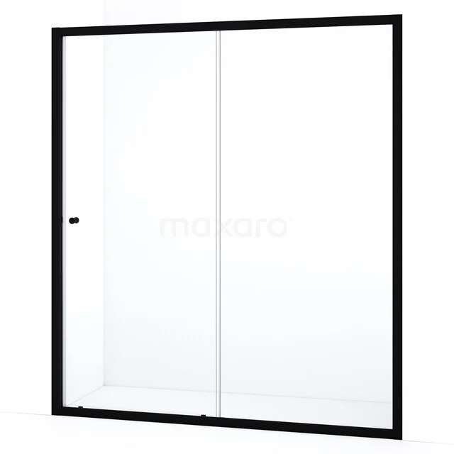 Zwarte stalen douchedeur met dubbele glazen panelen, perfect voor een moderne badkamerinrichting.