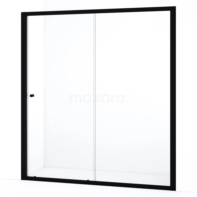 Moderne glazen douchewand met zwart frame, ideaal voor een strakke badkamerinrichting.