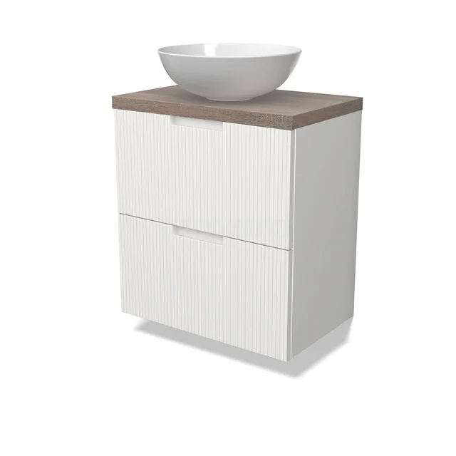 Modulo Plato Vanity units for countertop basin | 60 cm Matte white Line front Oak worktop 2 Stacked drawers BMK37-03076 Modulo Plato Vanity units for countertop basin | 60 cm Matte white Line front Oak worktop 2 Stacked drawers BMK37-03076