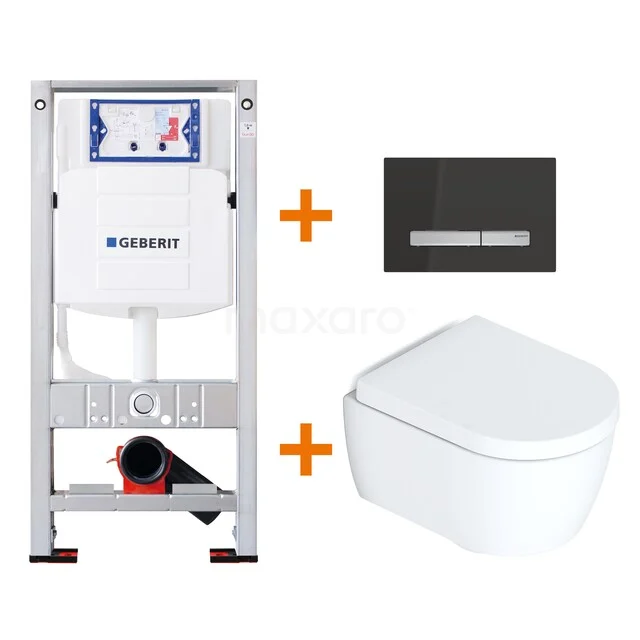 Wand-WC Set mit Unterputzspülkasten, weißem Keramik WC und schwarzer Betätigungsplatte, ideal für moderne Bäder.
