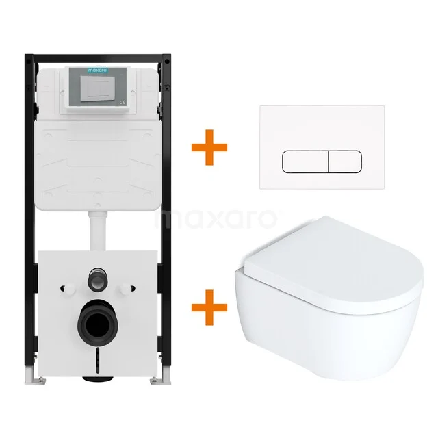 Toilet set High-gloss white without rim + Maxaro Flush Slim Pro concealed cistern with sound insulation TOI2558 Wit wandtoilet met inbouwreservoir en toiletbediening, moderne serie voor een strakke badkamerinrichting.