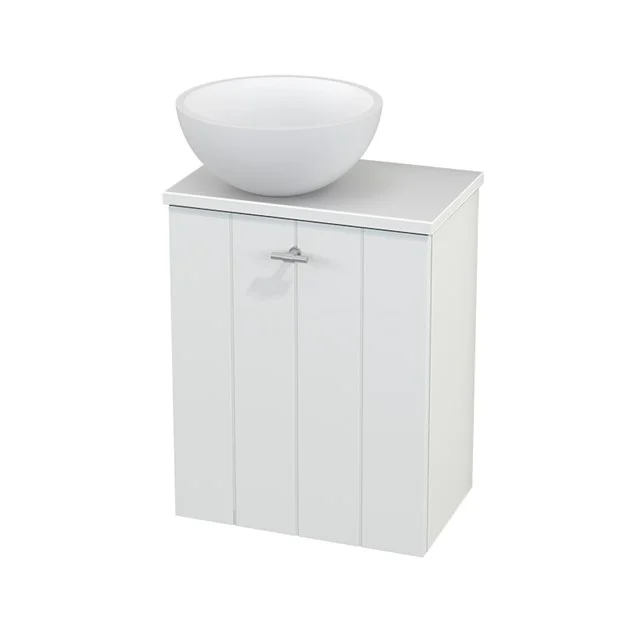 White wooden bathroom cabinet with modern countertop wash basin, featuring a vertical slatted structure and a metal handle.