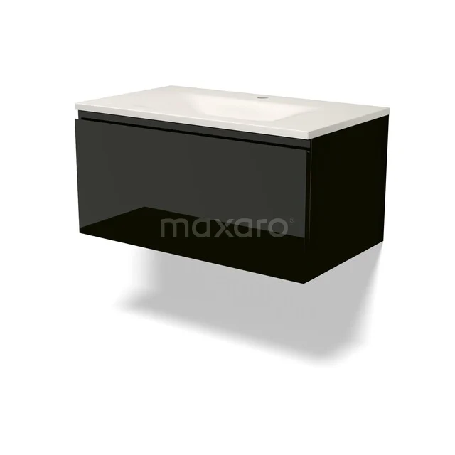 Modulo Badkamermeubel met wastafel | 80 cm Hoogglans zwart Greeploos front Solid surface 1 lade BMW11-05068