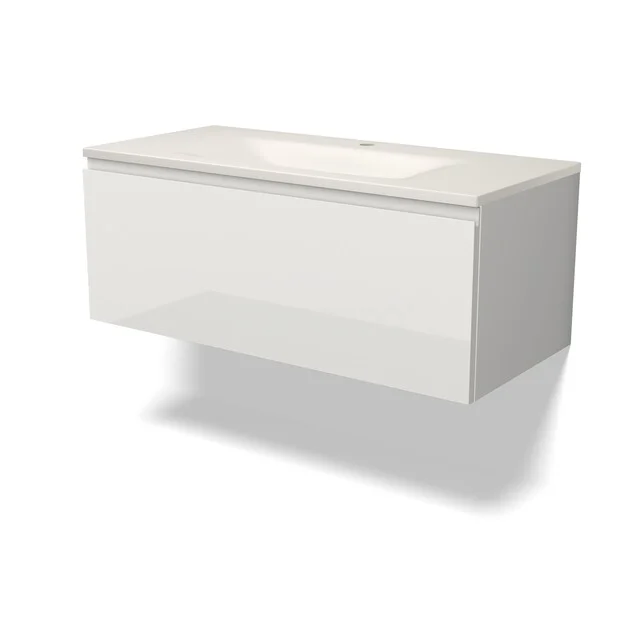 Modulo Badkamermeubel met wastafel | 100 cm Hoogglans wit Greeploos front Solid surface 1 lade BMW11-05096 Modulo Badkamermeubel met wastafel | 100 cm Hoogglans wit Greeploos front Solid surface 1 lade BMW11-05096