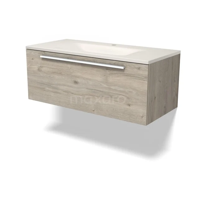 Modulo Badkamermeubel met wastafel | 100 cm Lichtgrijs eiken Vlak front Solid surface 1 lade BMW11-05105 Modulo Badkamermeubel met wastafel | 100 cm Lichtgrijs eiken Vlak front Solid surface 1 lade BMW11-05105