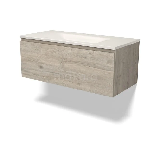 Modulo Badkamermeubel met wastafel | 100 cm Lichtgrijs eiken Greeploos front Solid surface 1 lade BMW11-05127 Modulo Badkamermeubel met wastafel | 100 cm Lichtgrijs eiken Greeploos front Solid surface 1 lade BMW11-05127