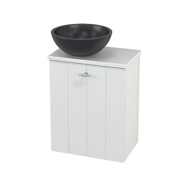 Toilet unit with countertop wash basin Natural stone Modulo+ Pico Matte white 41cm BMC000146 White wood bathroom cabinet with black round countertop wash basin, compact design, perfect for stylish bathroom space.