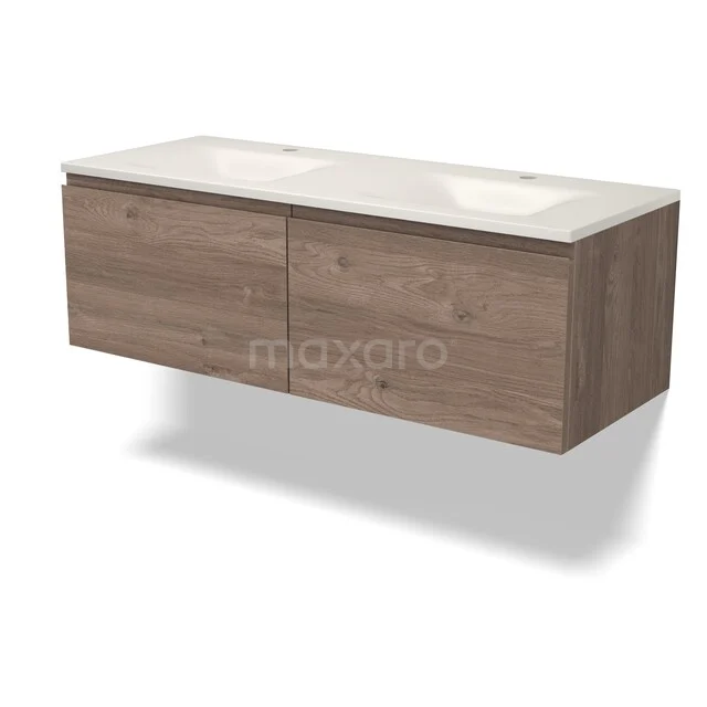 Modulo Badkamermeubel met wastafel | 120 cm Middenbruin eiken Greeploos front Solid surface 2 lades naast elkaar BMW12-01252