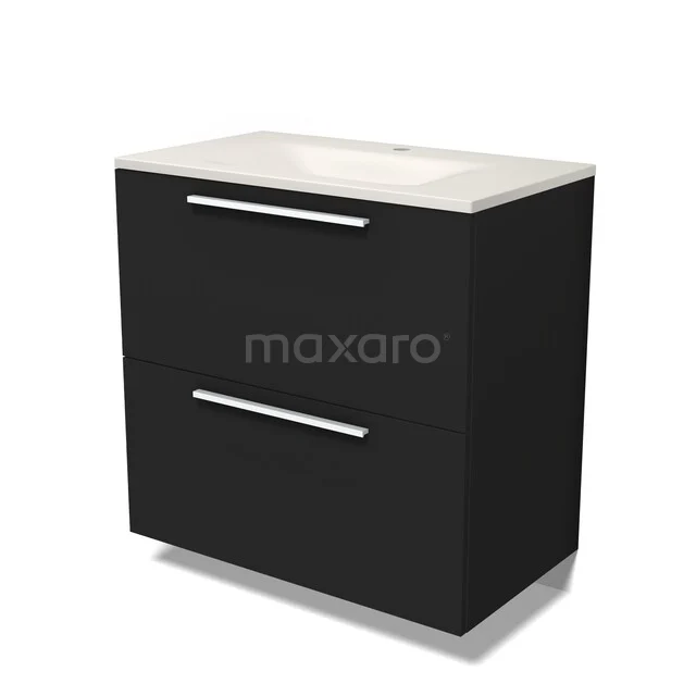 Modulo Badkamermeubel met wastafel | 80 cm Mat zwart Vlak front Solid surface 2 hoge lades onder elkaar BMW13-01664 Modulo Badkamermeubel met wastafel | 80 cm Mat zwart Vlak front Solid surface 2 hoge lades onder elkaar BMW13-01664