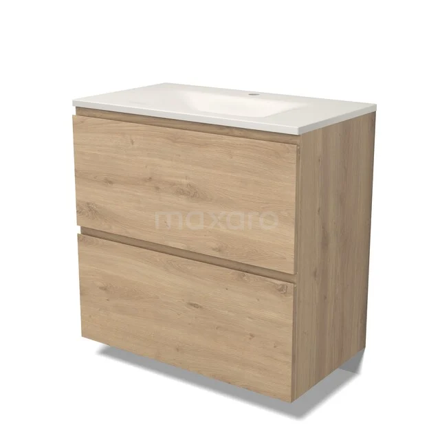 Modulo Badkamermeubel met wastafel | 80 cm Lichtbruin eiken Greeploos front Solid surface 2 hoge lades onder elkaar BMW13-01683 Modulo Badkamermeubel met wastafel | 80 cm Lichtbruin eiken Greeploos front Solid surface 2 hoge lades onder elkaar BMW13-01683
