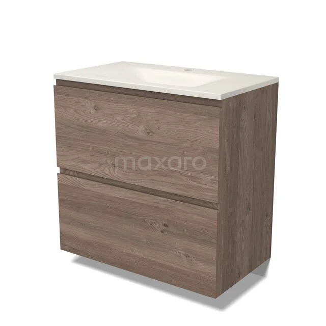 Modulo Badkamermeubel met wastafel | 80 cm Middenbruin eiken Greeploos front Solid surface 2 hoge lades onder elkaar BMW13-01684