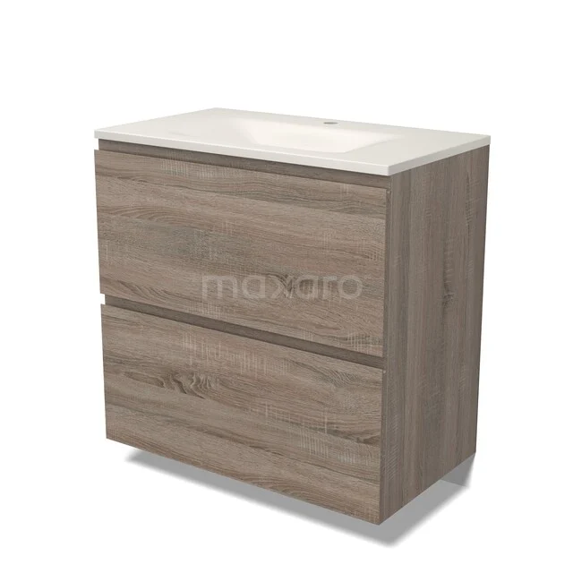 Modulo Badkamermeubel met wastafel | 80 cm Eiken Greeploos front Solid surface 2 hoge lades onder elkaar BMW13-01686