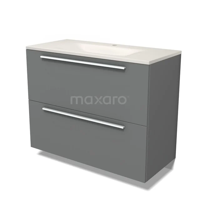 Modulo Badkamermeubel met wastafel | 100 cm Middengrijs Vlak front Solid surface 2 hoge lades onder elkaar BMW13-01693 Modulo Badkamermeubel met wastafel | 100 cm Middengrijs Vlak front Solid surface 2 hoge lades onder elkaar BMW13-01693