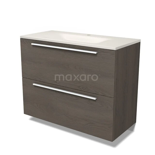Modulo Badkamermeubel met wastafel | 100 cm Donkerbruin eiken Vlak front Solid surface 2 hoge lades onder elkaar BMW13-01707