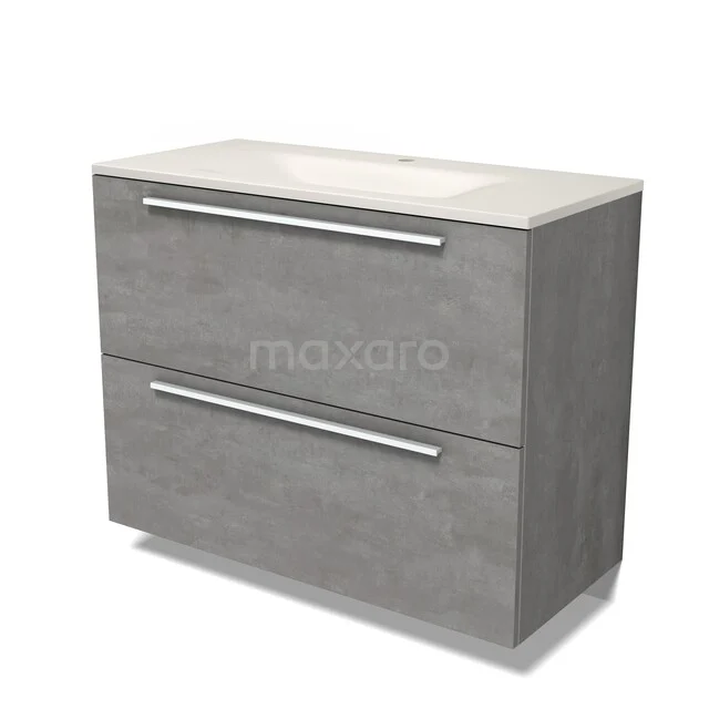 Modulo Badkamermeubel met wastafel | 100 cm Lichtgrijs beton Vlak front Solid surface 2 hoge lades onder elkaar BMW13-01708 Modulo Badkamermeubel met wastafel | 100 cm Lichtgrijs beton Vlak front Solid surface 2 hoge lades onder elkaar BMW13-01708