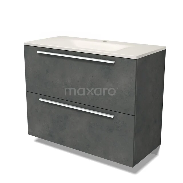 Modulo Badkamermeubel met wastafel | 100 cm Donkergrijs beton Vlak front Solid surface 2 hoge lades onder elkaar BMW13-01709