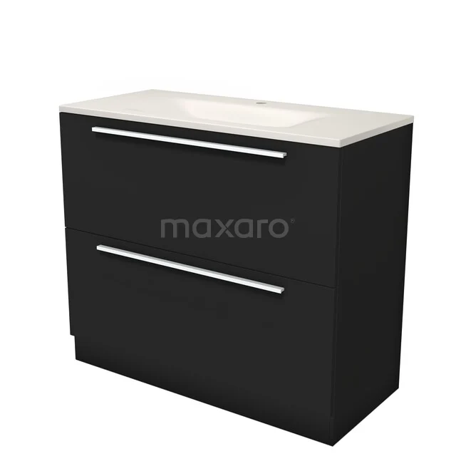 Modulo Badkamermeubel met wastafel | 100 cm Mat zwart Vlak front Solid surface 2 hoge lades onder elkaar staand BMW13S-00373 Modulo Badkamermeubel met wastafel | 100 cm Mat zwart Vlak front Solid surface 2 hoge lades onder elkaar staand BMW13S-00373