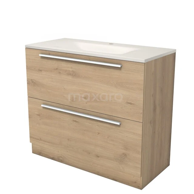 Modulo Badkamermeubel met wastafel | 100 cm Lichtbruin eiken Vlak front Solid surface 2 hoge lades onder elkaar staand BMW13S-00377 Modulo Badkamermeubel met wastafel | 100 cm Lichtbruin eiken Vlak front Solid surface 2 hoge lades onder elkaar staand BMW13S-00377