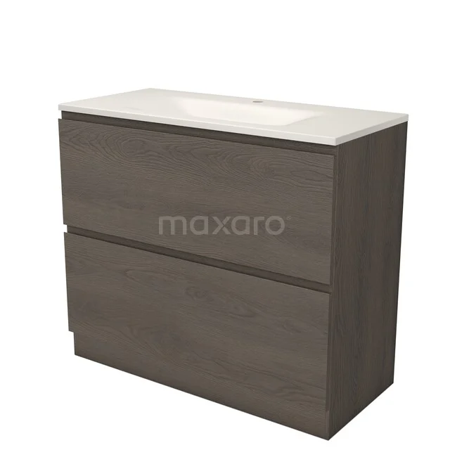 Modulo Badkamermeubel met wastafel | 100 cm Donkerbruin eiken Greeploos front Solid surface 2 hoge lades onder elkaar BMW13-01712 Modulo Badkamermeubel met wastafel | 100 cm Donkerbruin eiken Greeploos front Solid surface 2 hoge lades onder elkaar BMW13-01712