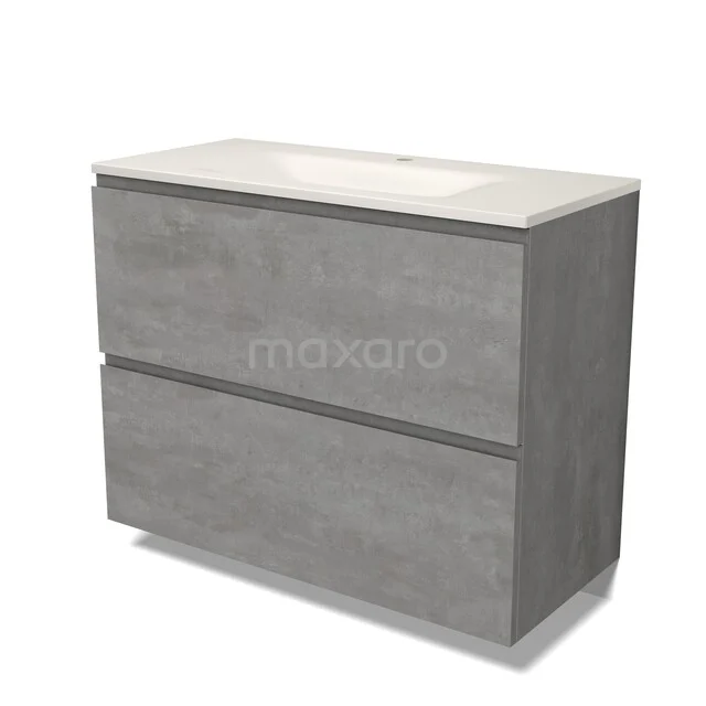 Modulo Badkamermeubel met wastafel | 100 cm Lichtgrijs beton Greeploos front Solid surface 2 hoge lades onder elkaar BMW13-01714 Modulo Badkamermeubel met wastafel | 100 cm Lichtgrijs beton Greeploos front Solid surface 2 hoge lades onder elkaar BMW13-01714