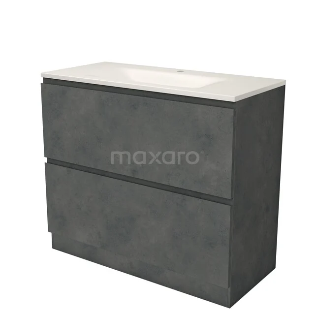 Modulo Badkamermeubel met wastafel | 100 cm Donkergrijs beton Greeploos front Solid surface 2 hoge lades onder elkaar BMW13-01715