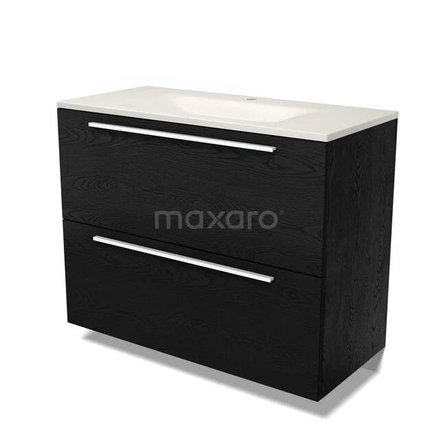 Modulo Badkamermeubel met wastafel | 100 cm Zwart eiken Vlak front Solid surface 2 hoge lades onder elkaar BMW13-01716 Modulo Badkamermeubel met wastafel | 100 cm Zwart eiken Vlak front Solid surface 2 hoge lades onder elkaar BMW13-01716