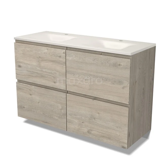 Modulo Badkamermeubel met wastafel | 120 cm Lichtgrijs eiken Greeploos front Solid surface 4 hoge lades BMW14-00842