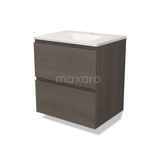 Modulo Badkamermeubel met wastafel | 60 cm Donkerbruin eiken Greeploos front Solid surface 2 lades onder elkaar BMW17-05786 Modulo Badkamermeubel met wastafel | 60 cm Donkerbruin eiken Greeploos front Solid surface 2 lades onder elkaar BMW17-05786