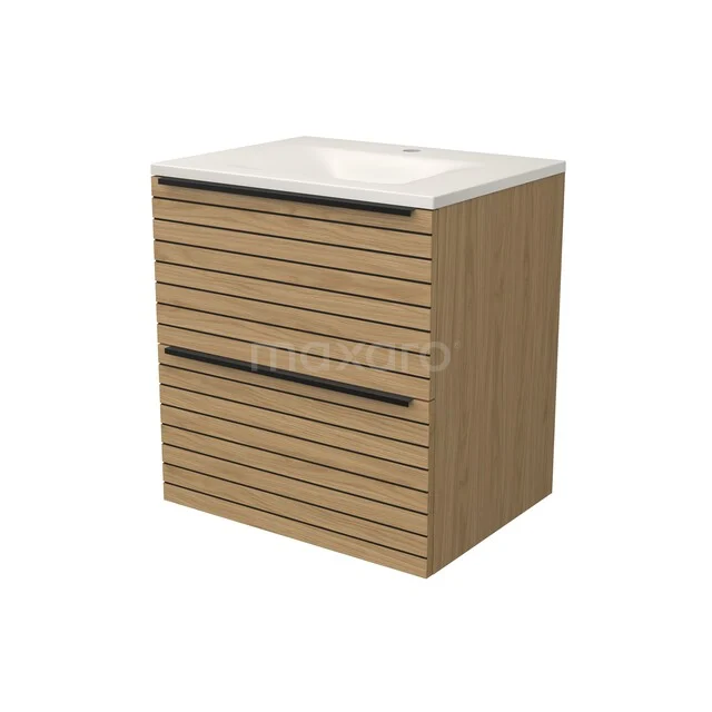 Modulo Badkamermeubel met wastafel | 60 cm Naturel fineer Strook front Solid surface 2 lades onder elkaar BMW17-05799 Modulo Badkamermeubel met wastafel | 60 cm Naturel fineer Strook front Solid surface 2 lades onder elkaar BMW17-05799