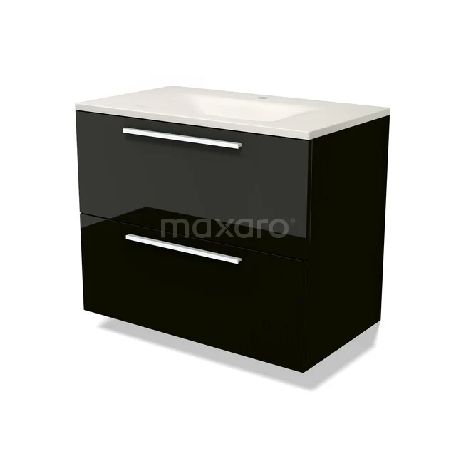 Modulo Badkamermeubel met wastafel | 80 cm Hoogglans zwart Vlak front Solid surface 2 lades onder elkaar BMW17-05813 Modulo Badkamermeubel met wastafel | 80 cm Hoogglans zwart Vlak front Solid surface 2 lades onder elkaar BMW17-05813