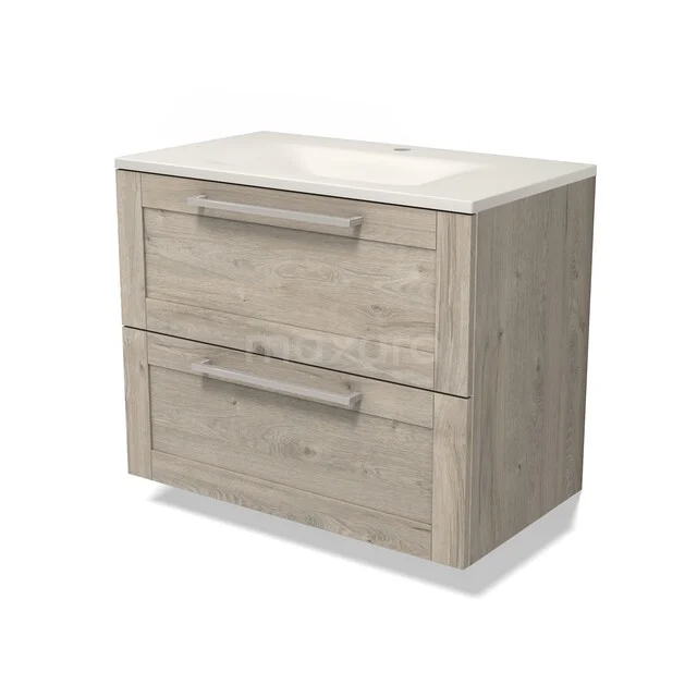 Modulo Waschtische | 80 cm Hellgraue Eiche Rahmen front Solid Surface 2 übereinanderliegende Schubladen BMW17-05817