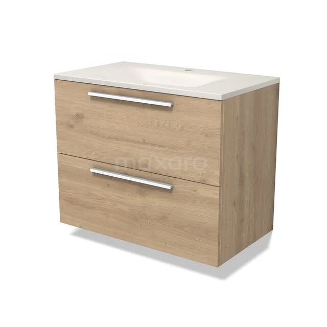 Modulo Badkamermeubel met wastafel | 80 cm Lichtbruin eiken Vlak front Solid surface 2 lades onder elkaar BMW17-05818 Modulo Badkamermeubel met wastafel | 80 cm Lichtbruin eiken Vlak front Solid surface 2 lades onder elkaar BMW17-05818