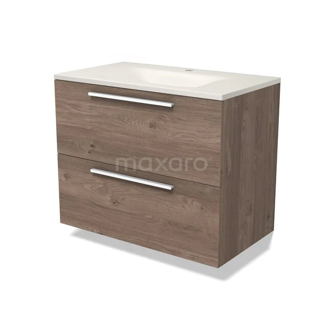 Modulo Waschtische | 80 cm Mittelbraune Eiche Flach front Solid Surface 2 übereinanderliegende Schubladen BMW17-05820
