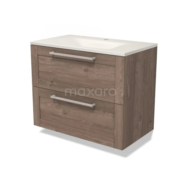 Modulo Badkamermeubel met wastafel | 80 cm Middenbruin eiken Kader front Solid surface 2 lades onder elkaar BMW17-05821 Modulo Badkamermeubel met wastafel | 80 cm Middenbruin eiken Kader front Solid surface 2 lades onder elkaar BMW17-05821