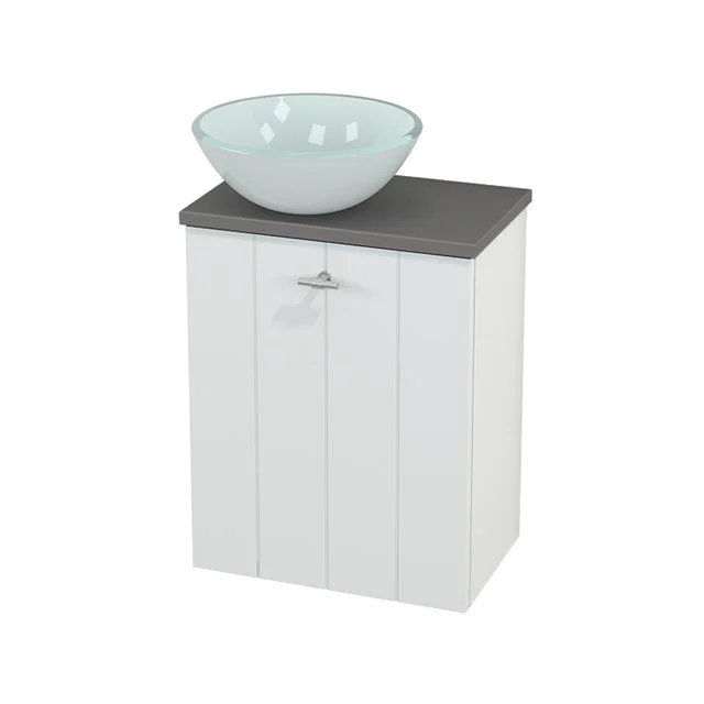 White wooden bathroom cabinet with grey top and glass countertop wash basin, ideal for stylish and practical bathrooms.