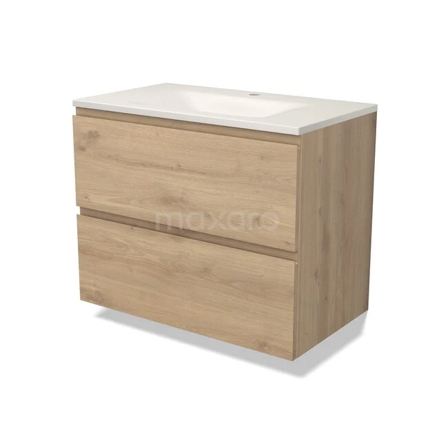 Modulo Badkamermeubel met wastafel | 80 cm Lichtbruin eiken Greeploos front Solid surface 2 lades onder elkaar BMW17-05827 Modulo Badkamermeubel met wastafel | 80 cm Lichtbruin eiken Greeploos front Solid surface 2 lades onder elkaar BMW17-05827