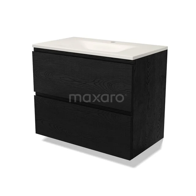 Modulo Badkamermeubel met wastafel | 80 cm Zwart eiken Greeploos front Solid surface 2 lades onder elkaar BMW17-05835 Modulo Badkamermeubel met wastafel | 80 cm Zwart eiken Greeploos front Solid surface 2 lades onder elkaar BMW17-05835