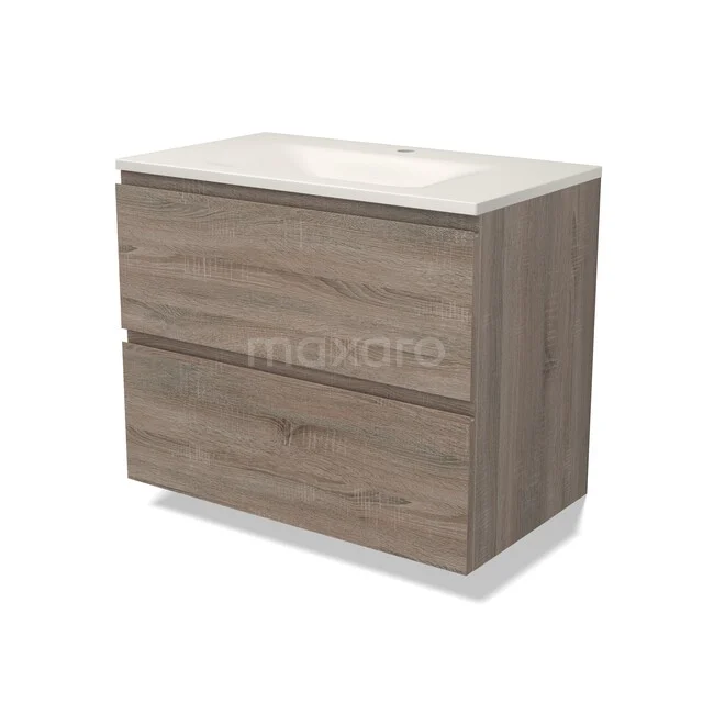 Modulo Badkamermeubel met wastafel | 80 cm Eiken Greeploos front Solid surface 2 lades onder elkaar BMW17-05836 Modulo Badkamermeubel met wastafel | 80 cm Eiken Greeploos front Solid surface 2 lades onder elkaar BMW17-05836