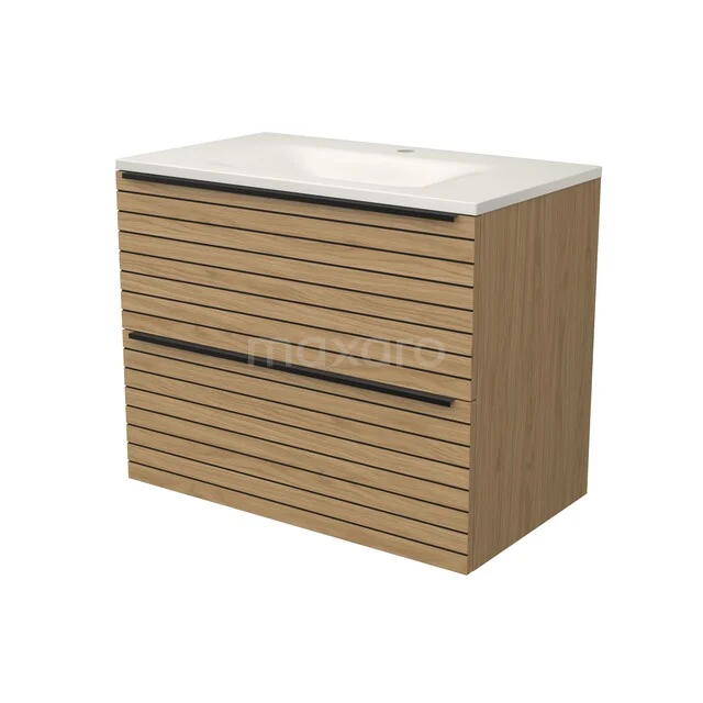 Modulo Badkamermeubel met wastafel | 80 cm Naturel fineer Strook front Solid surface 2 lades onder elkaar BMW17-05842 Modulo Badkamermeubel met wastafel | 80 cm Naturel fineer Strook front Solid surface 2 lades onder elkaar BMW17-05842